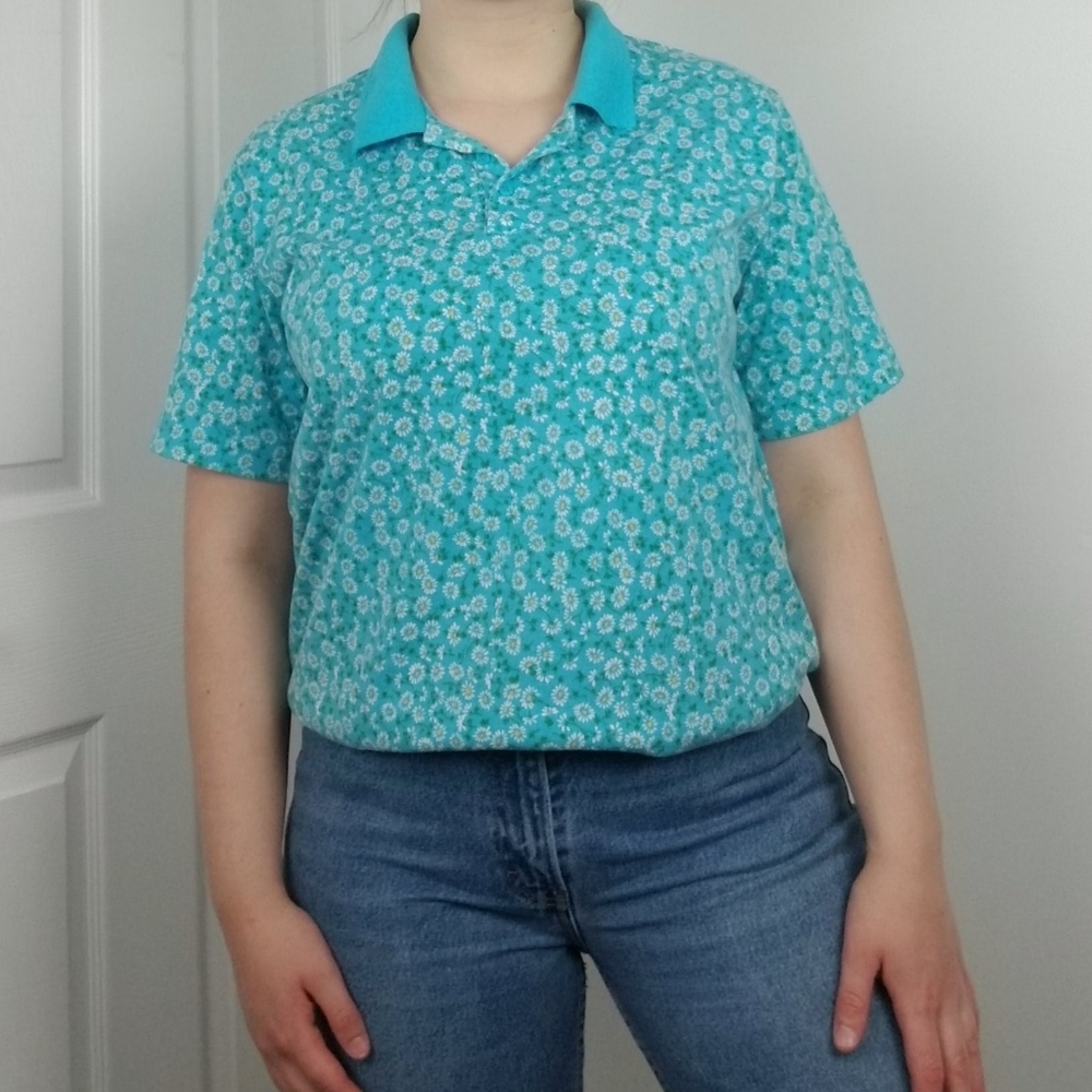 Vintage 90s Blue Daisies Short Sleeve Polo Tee - L